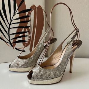 Jimmy Choo Heels Metallic Peep Toe Gold Champagne Slingback Heels Size 36